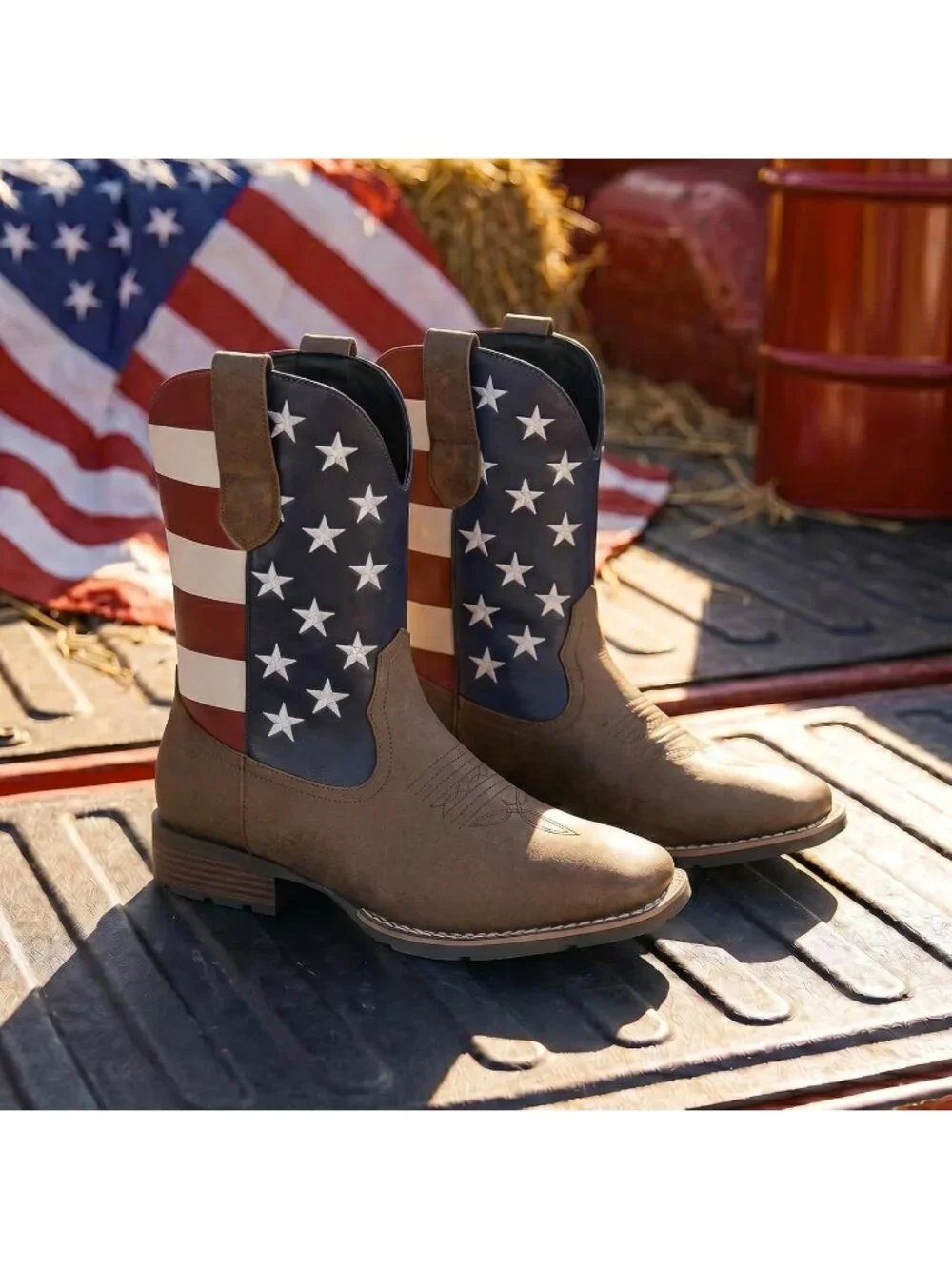 Mens Patriot Brown Faux Leather Slip On Square Toe With Classic Embroidered Boot